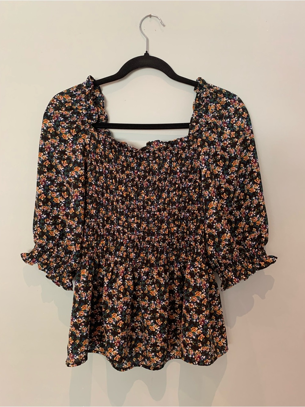 Max Studio Black Floral Smocked Peplum Top
